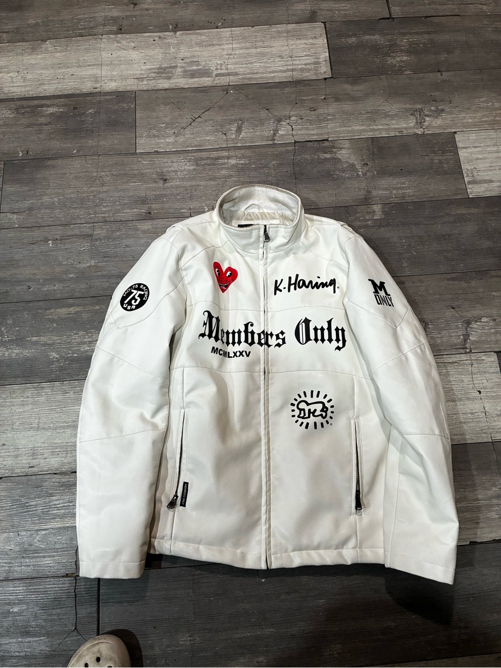 White 'Members Only' Graphic Jacket with K. Haring Art